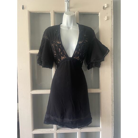 For Love and Lemons Carmine Black Lace Ruffle Sleeve Cami Mini Dress - Picture 6 of 8